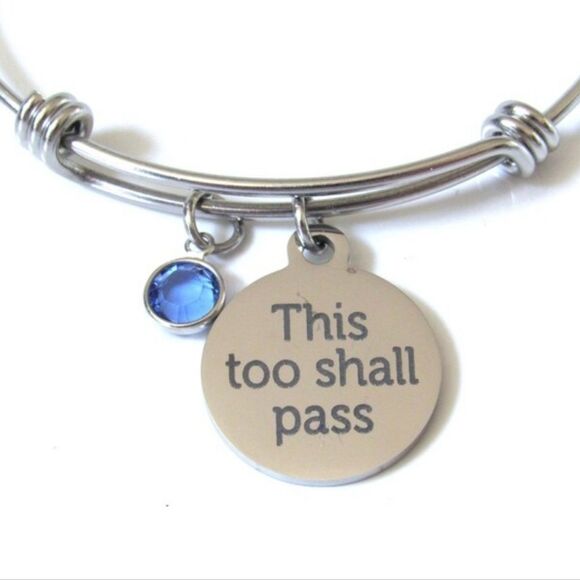 This Too Shall Pass Silver Bangle Bracelet with Accent Blue Zircon Charm - Picture 2 of 9